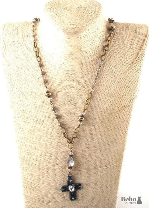 Boho Necklace, RH Antique Brass Silver Stone Glass